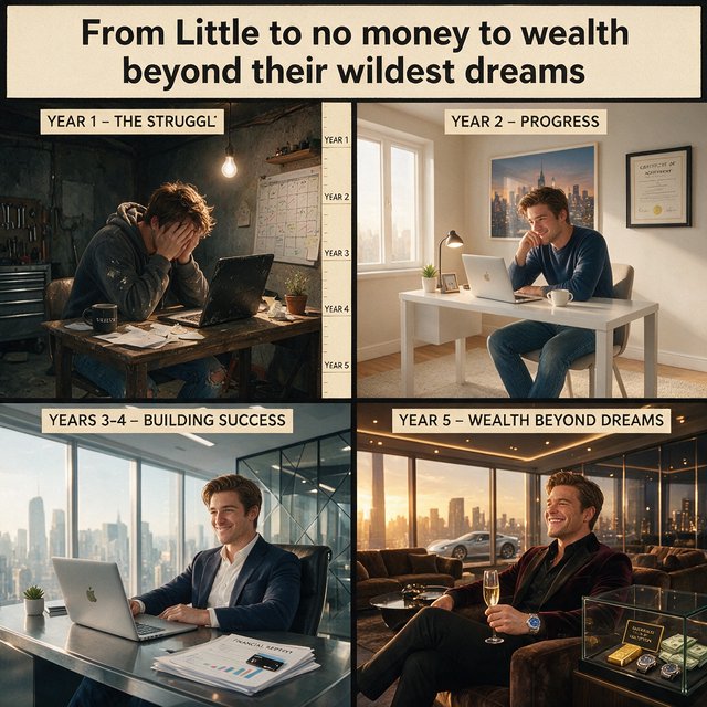 Realistic comic. At least 4 panels. It showcases 5 years of someone's life, from the first year, when they struggled to make money, to the fifth year, when they are worth millions to billions of dollars. Make sure money is seen at least once in the image. At the top, it says "From Little to no money to wealth beyond their wildest dreams". — Seedream 5.0 Pro