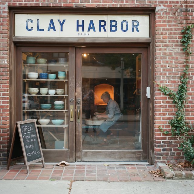 A sunlit ceramicist's studio storefront displays glazed bowls behind dusty glass doors; "CLAY HARBOR" is printed in cobalt-blue block letters across a cream tile transom above the entrance, with kiln warmth glowing inside. — Ideogram v4