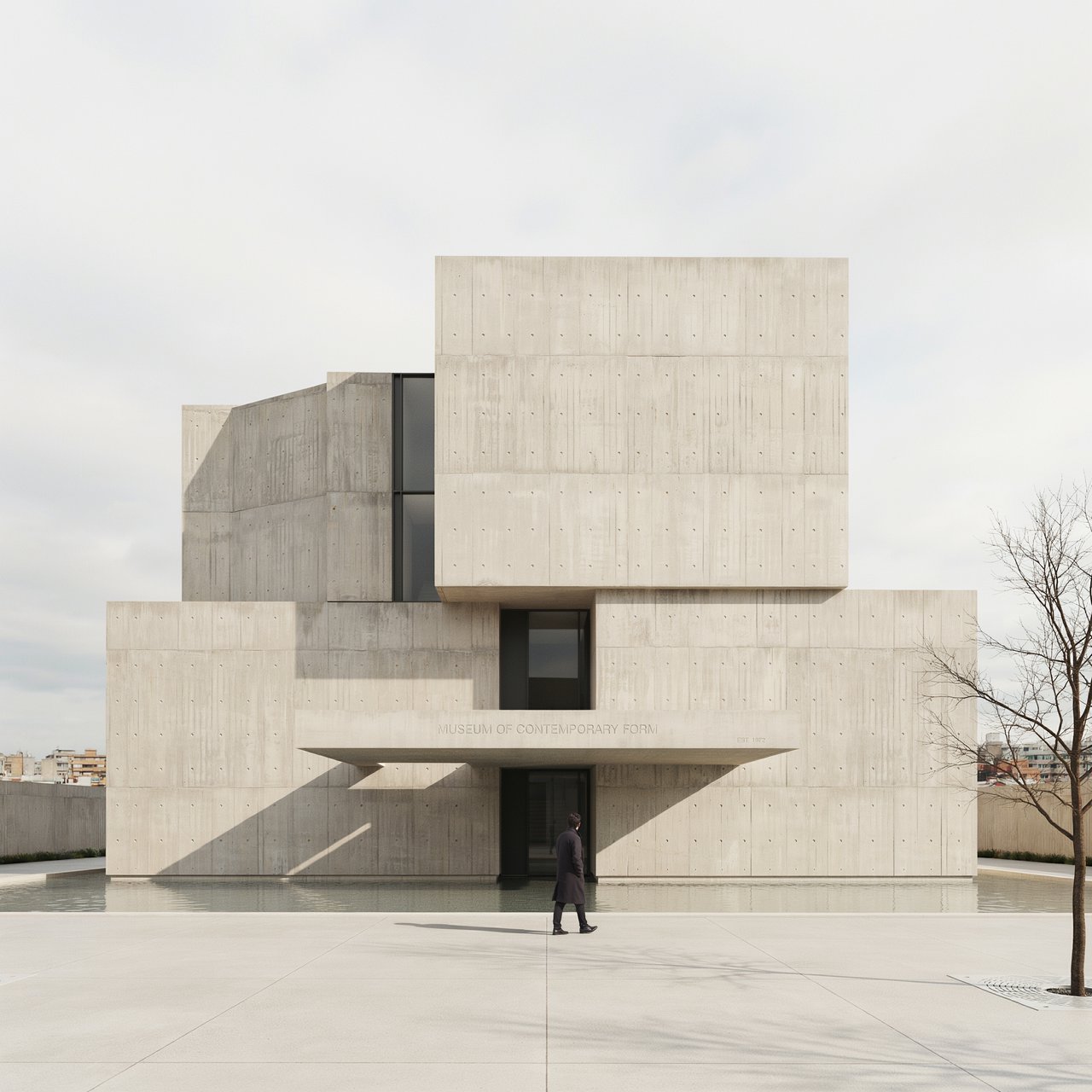 Exterior of a compact brutalist art museum, pale board-formed concrete, deep rectangular window recesses, a broad cantilevered entrance canopy, low reflecting pool, overcast afternoon light, viewed from a quiet plaza at eye level, crisp orthogonal architectural photography. — Ideogram v4