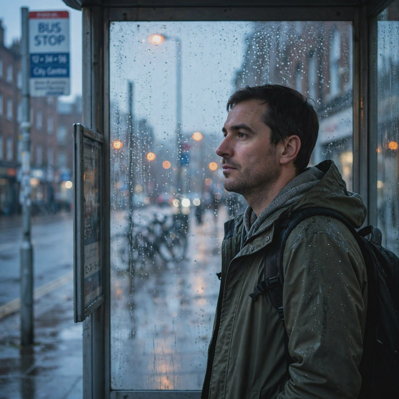 Candid documentary photograph of an adult waiting beside a city bus shelter at dawn, sodium streetlights fading into cool blue daylight, 50mm lens with shallow depth of field, fine rain droplets clinging to the shelter glass. — Muse Image 1.0