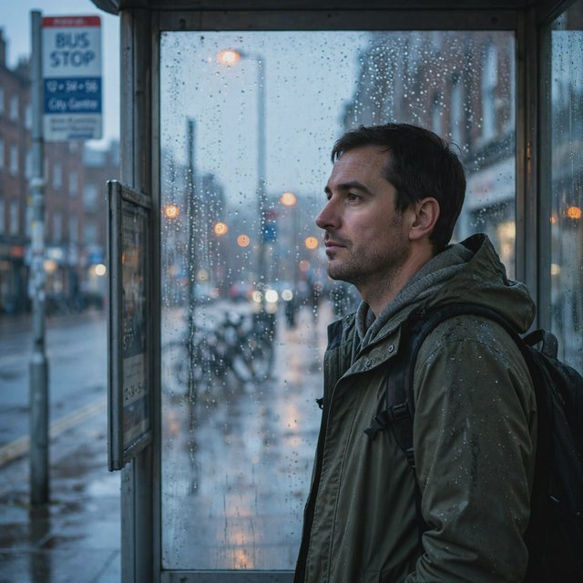 Candid documentary photograph of an adult waiting beside a city bus shelter at dawn, sodium streetlights fading into cool blue daylight, 50mm lens with shallow depth of field, fine rain droplets clinging to the shelter glass. — Muse Image 1.0