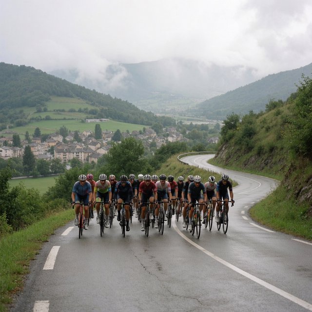 A frontal, close-up shot of a field of competitive cyclists ascending a mountain in the rain. In the background, we see a lush green valley with a small town. — Krea 2 Medium