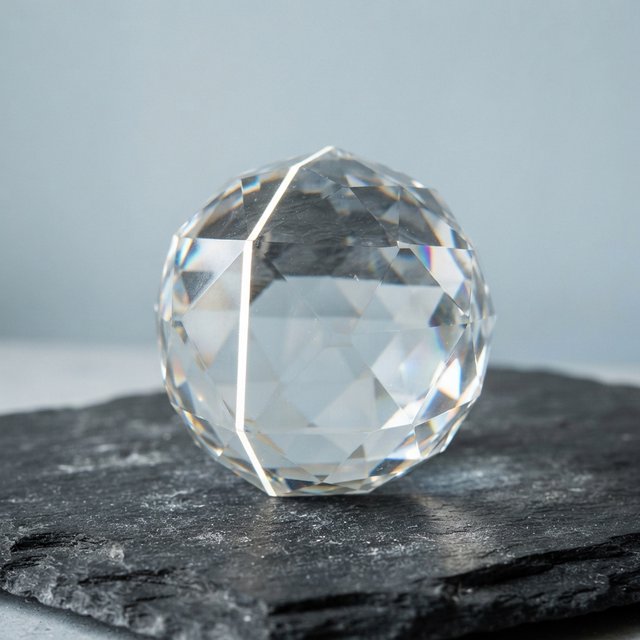 An unbranded, unmarked faceted optical-glass paperweight rests on charcoal slate against a pale blue-gray background; broad diffused studio light and a narrow side highlight reveal crisp internal refractions and bright edge reflections. — Nano Banana 2 Lite