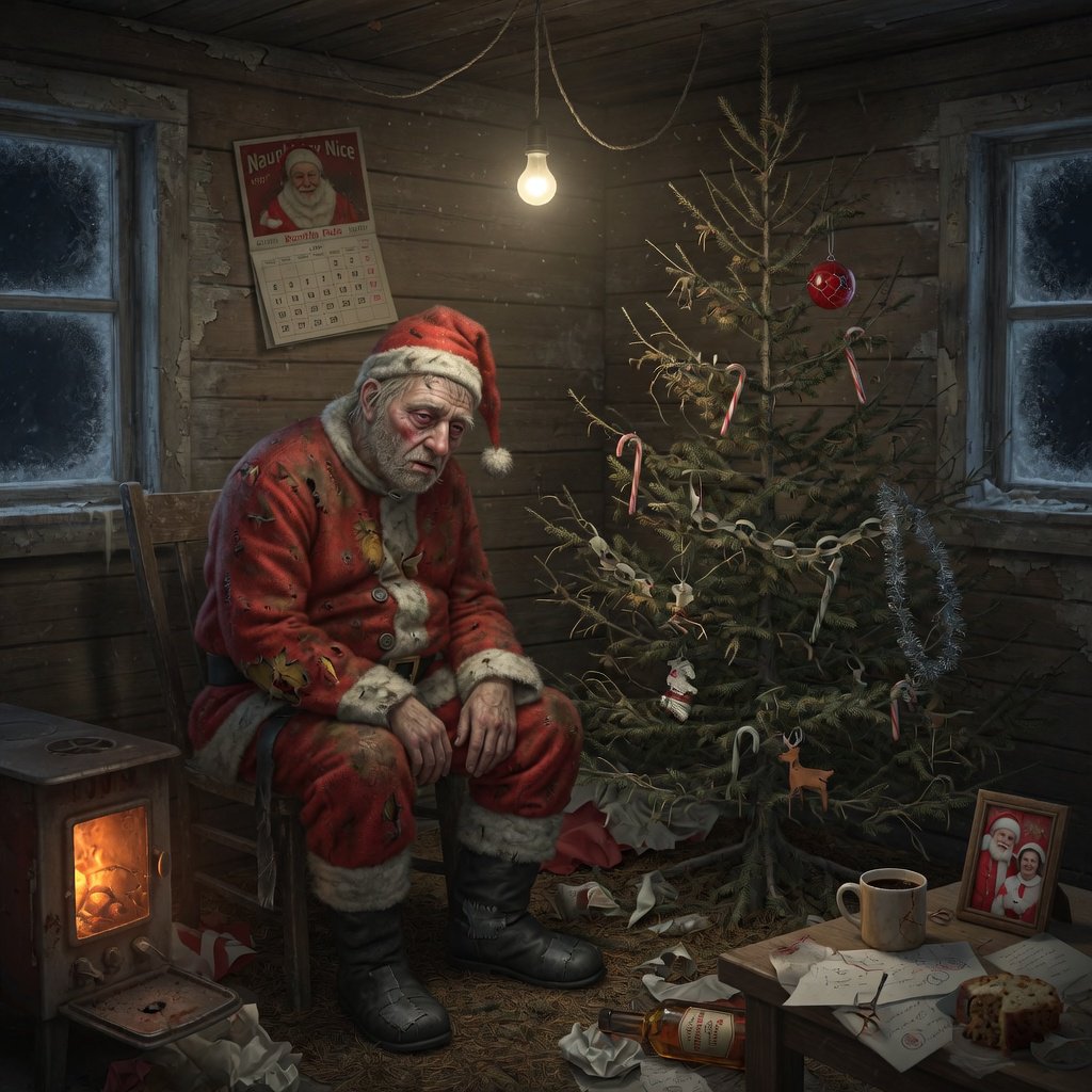 A melancholic, somewhat disheveled Santa Claus in a worn, dirty coat. He sits in his cabin at the North Pole next to a desolate, needleless Christmas tree, its decorations hanging only sporadically. The aura radiates a quiet despair. — Grok Imagine Image Quality