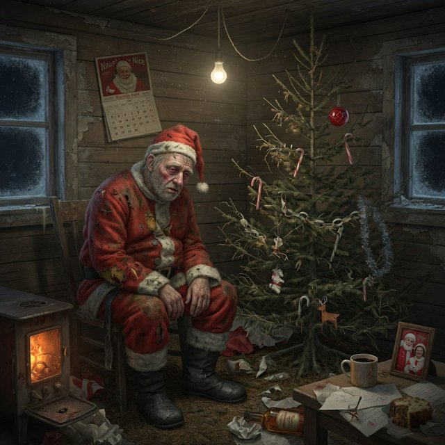 A melancholic, somewhat disheveled Santa Claus in a worn, dirty coat. He sits in his cabin at the North Pole next to a desolate, needleless Christmas tree, its decorations hanging only sporadically. The aura radiates a quiet despair. — Grok Imagine Image Quality