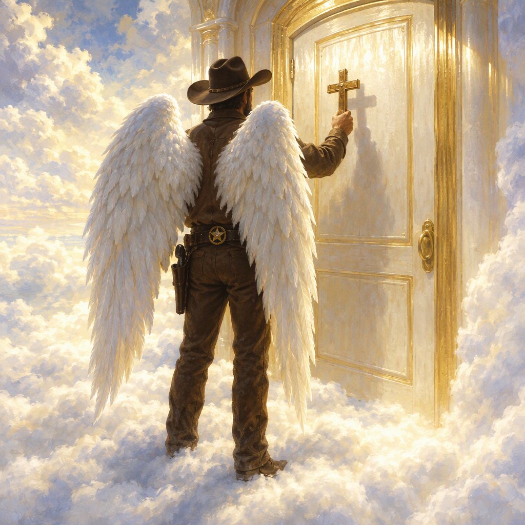 Create a painted image of a frontier lawman in heaven, facing away from the camera with angel wings. He is standing on a ground made of clouds, with a door in front of him. Holding a cross, he uses it to knock on the door. — GPT Image 2.5 Flare
