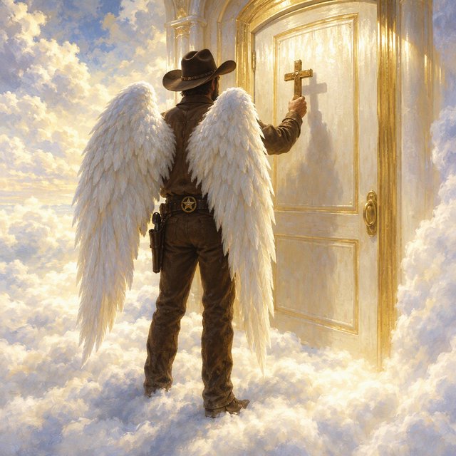 Create a painted image of a frontier lawman in heaven, facing away from the camera with angel wings. He is standing on a ground made of clouds, with a door in front of him. Holding a cross, he uses it to knock on the door. — GPT Image 2.5 Flare