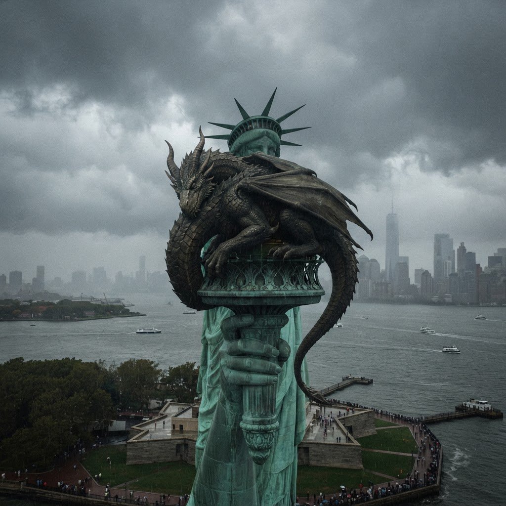 A dragon sleeping on the Statue of Liberty on a moody, overcast day. — Nano Banana 2 Lite