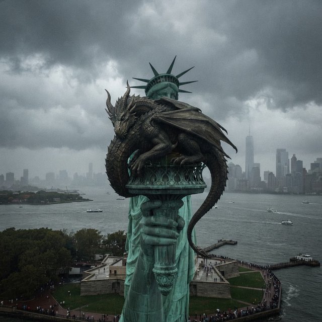 A dragon sleeping on the Statue of Liberty on a moody, overcast day. — Nano Banana 2 Lite