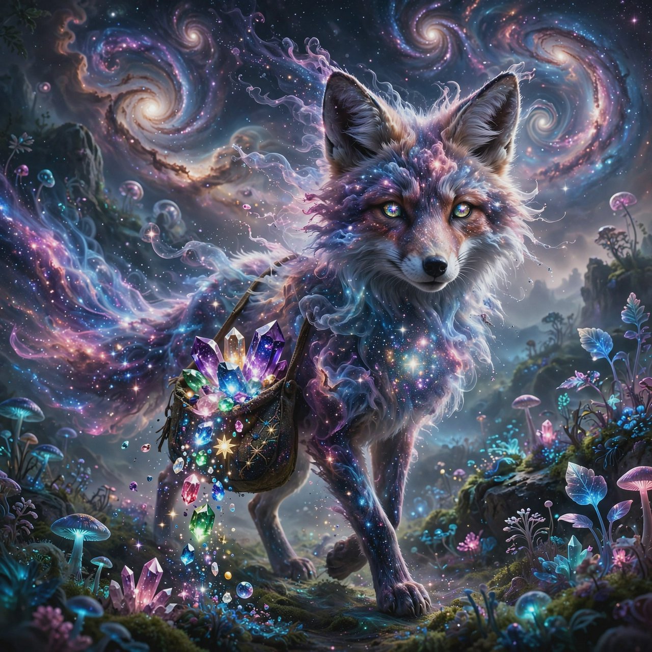 A celestial fox made of stardust and nebulae, carrying a satchel overflowing with glowing cosmic jewels, journeys through an ethereal dreamscape. Swirling galaxies and bioluminescent flora fill the background. The scene is rendered in a surreal, photorealistic style, emphasizing intricate details and a sense of infinite wonder. — Muse Image 1.0