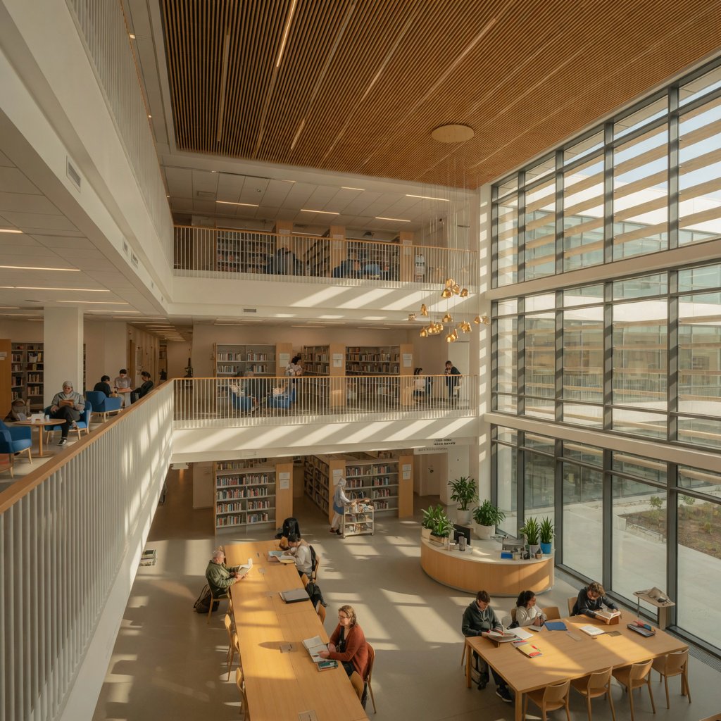 Interior of a modern public library with a three-storey atrium, timber ceiling slats, people reading, afternoon light through a glass wall. — Grok Imagine Image Quality