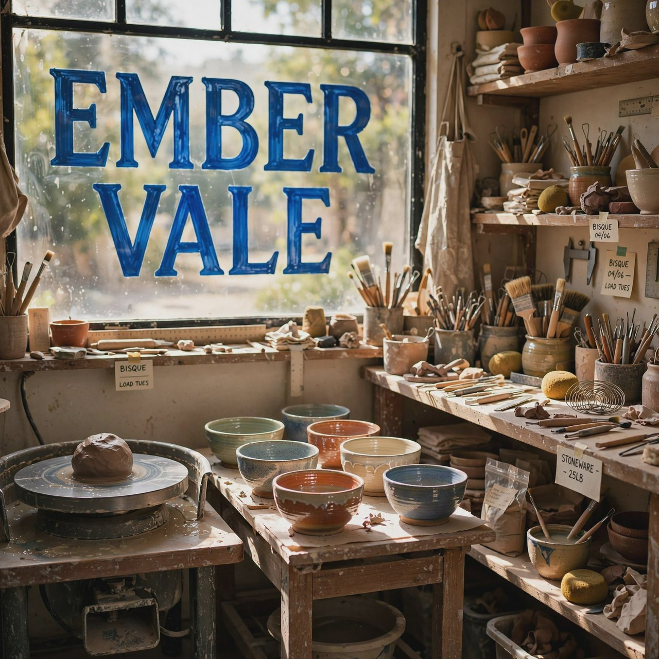 Inside a sunlit ceramics studio, glazed bowls dry beside a turning wheel and shelves of clay tools; "EMBER VALE" is painted in cobalt capitals on the front window. — Muse Image 1.0