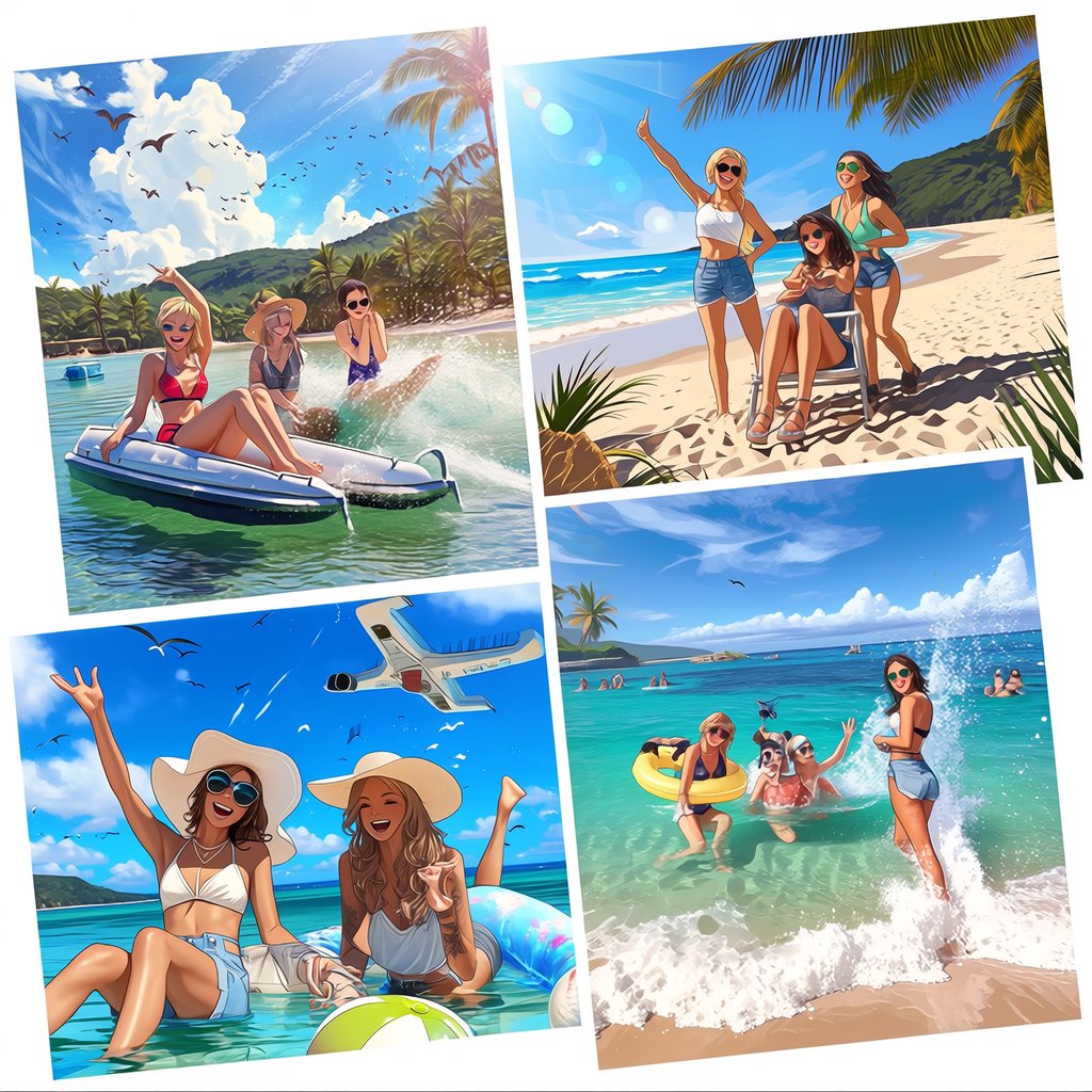 Photorealistic collage of at least four distinct beach scenes showing adult women from around the world having fun, with each scene presented from a different camera angle. — Midjourney Niji 7