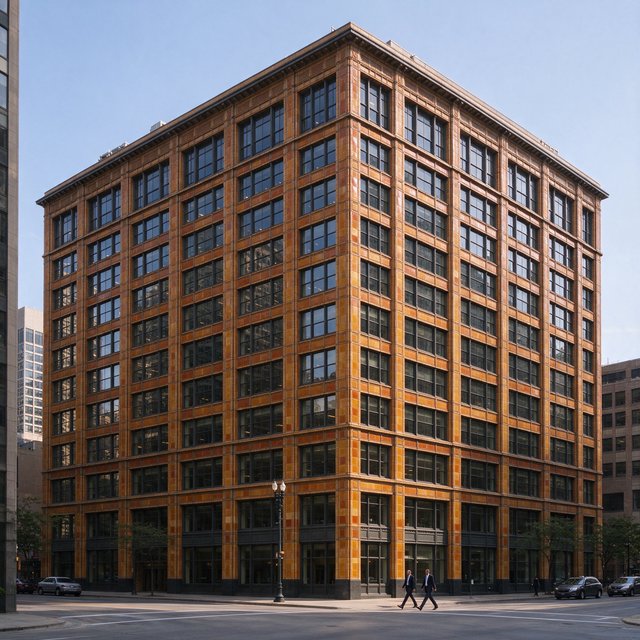 Exterior of a Chicago School office tower, with a visible steel-frame grid, warm terra-cotta cladding, broad rectangular windows, and a flat roofline; clear afternoon light, viewed from across a city street, with precise verticals and believable construction. — Seedream 5.0 Flash