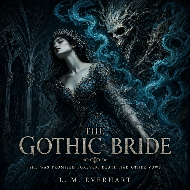 Baroque-style digital dark fantasy and cinematic Gothic horror; painterly realism, chiaroscuro à la Caravaggio; cool color palette of blues and turquoises, deep black shadows; swirling magical smoke, dynamic diagonal composition; intricate lace fabrics, detailed skin and creature textures; volumetric lighting, elegant, fluid movement; fantasy book cover illustration; dramatic storytelling, atmospheric depth. Gothic bride — Grok Imagine Image 2