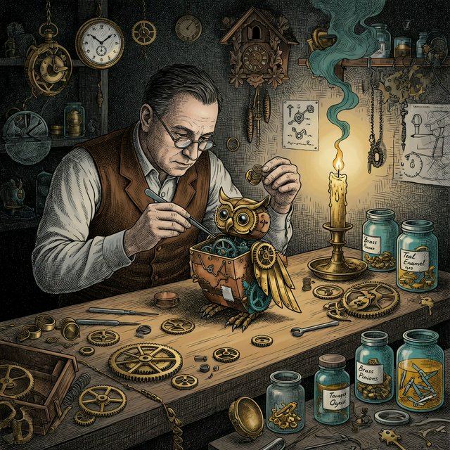 Engraved ink illustration of an adult clockmaker assembling a whimsical brass automaton in a candlelit workshop, with gears, springs, and glass jars surrounding the bench. Palette of charcoal, copper, teal, and honey yellow, with crisp crosshatching and warm shadows. — Grok Imagine Image Quality