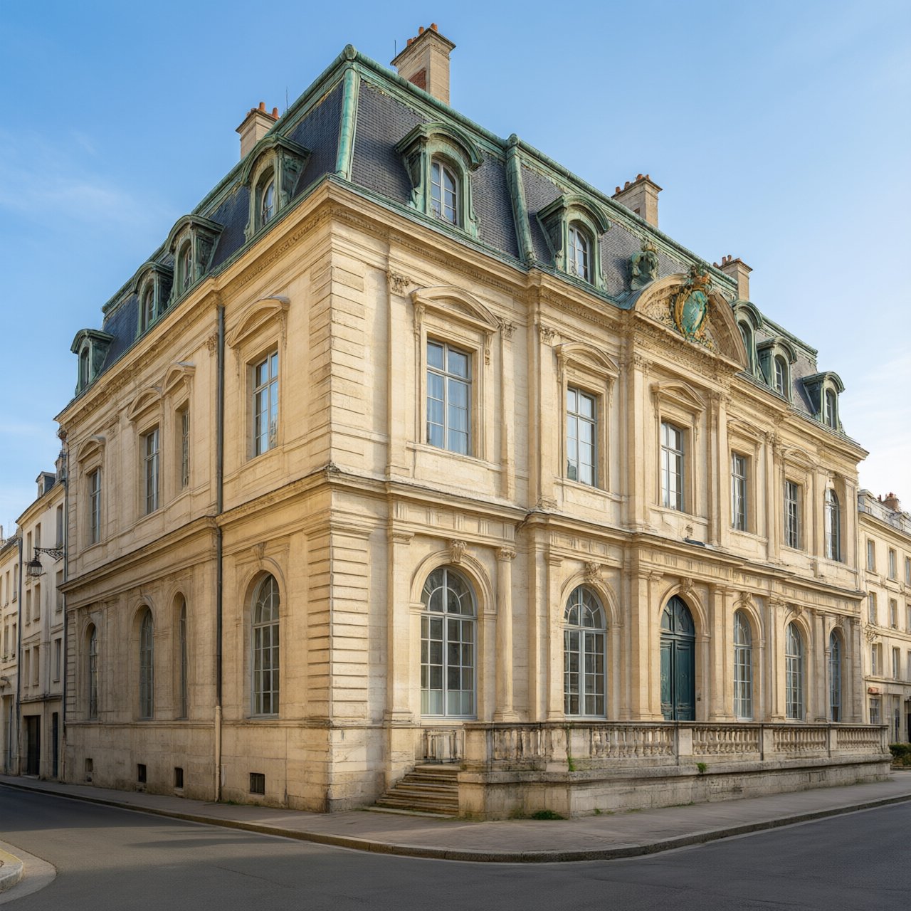 Exterior of a French Second Empire town hall with pale limestone, a dark mansard roof, copper cresting, and tall arched windows; clear spring light falls across the entrance terrace, viewed from the quiet street corner, precise lines and believable construction. — Qwen Image 3.0