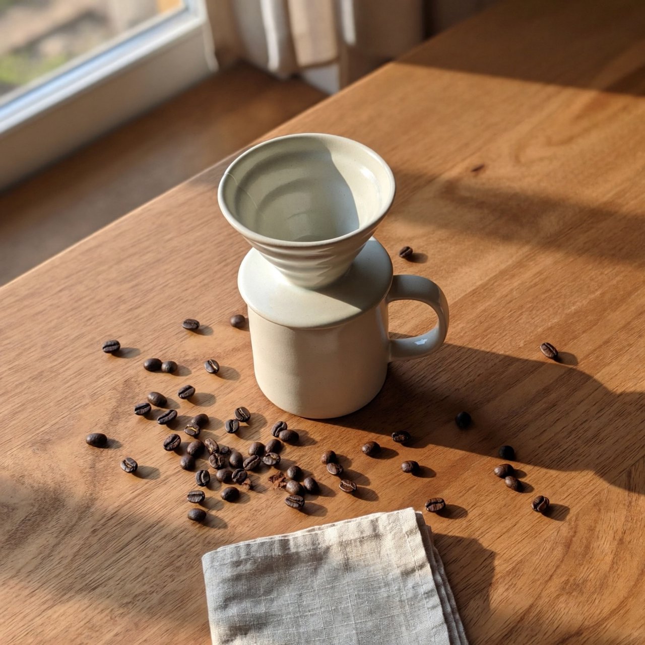 Overhead flat lay of a ceramic pour-over coffee set on oak, roasted beans scattered, a folded linen napkin, warm natural light. — ImagineArt 2