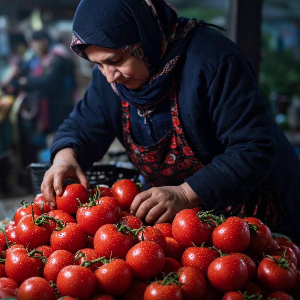 Candid documentary photograph of an adult market vendor arranging ripe tomatoes at an outdoor produce stall, cool early-morning side light, 50mm lens with shallow depth of field, condensation droplets beading on the tomato skins. — Grok Imagine Image 2