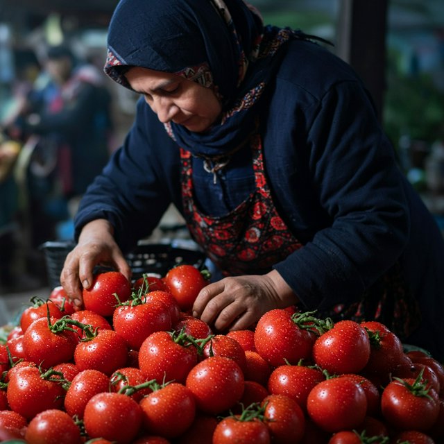 Candid documentary photograph of an adult market vendor arranging ripe tomatoes at an outdoor produce stall, cool early-morning side light, 50mm lens with shallow depth of field, condensation droplets beading on the tomato skins. — Grok Imagine Image 2