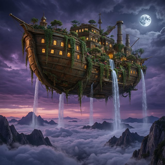 A colossal floating archive-ship drifts above storm clouds, its bronze hull wrapped in hanging gardens and luminous windows, while waterfalls spill into the sky. Distant mountain peaks pierce the cloud sea beneath a violet sunset and cold silver moonlight. — Qwen Image 3.0 Pro