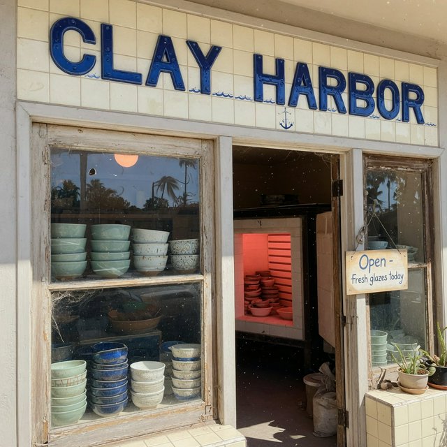A sunlit ceramicist's studio storefront displays glazed bowls behind dusty glass doors; "CLAY HARBOR" is printed in cobalt-blue block letters across a cream tile transom above the entrance, with kiln warmth glowing inside. — Grok Imagine Image Quality