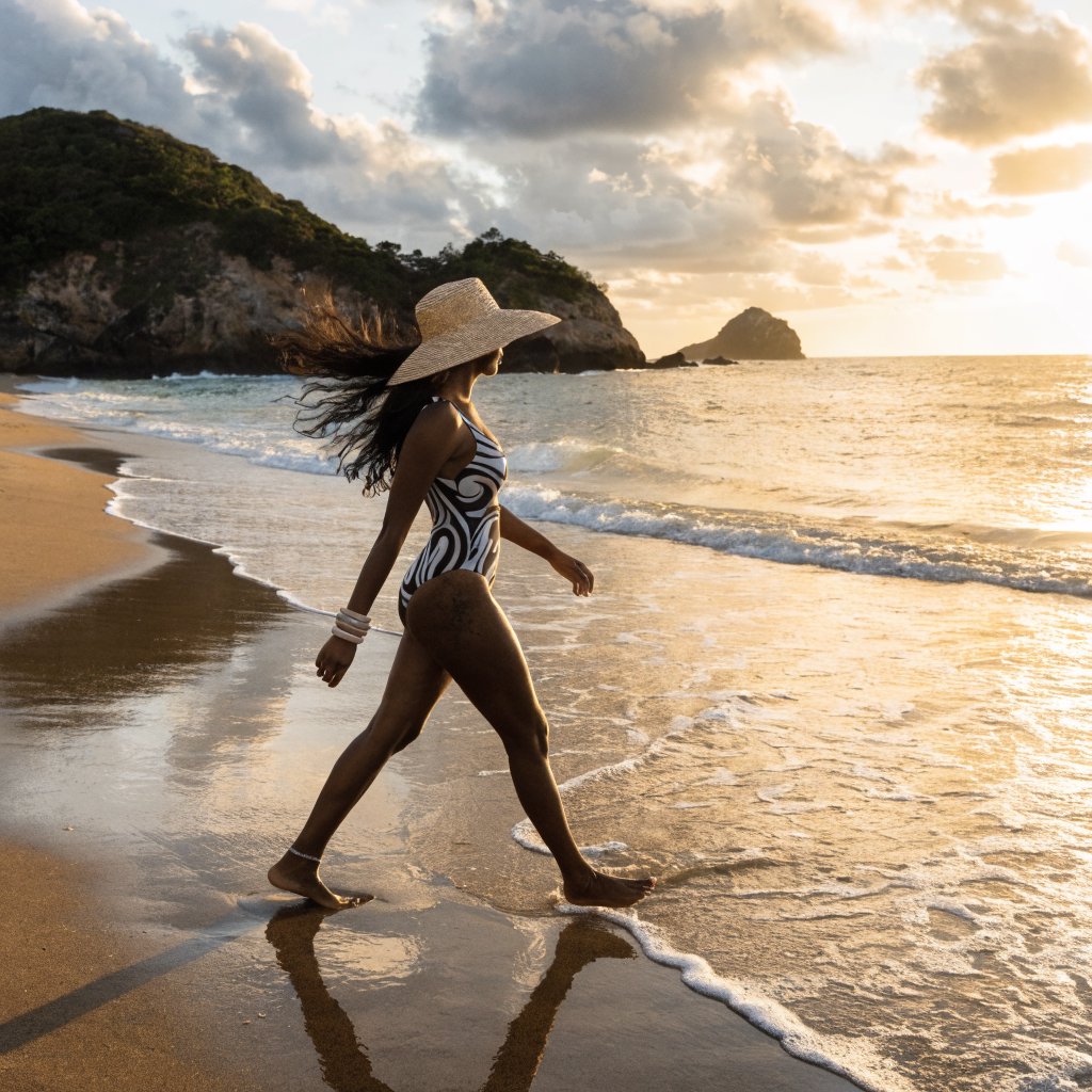 Editorial beach photo of an adult woman in a one-piece swimsuit and a wide straw hat walking along the waterline at sunset, wind in her hair. — Recraft v4