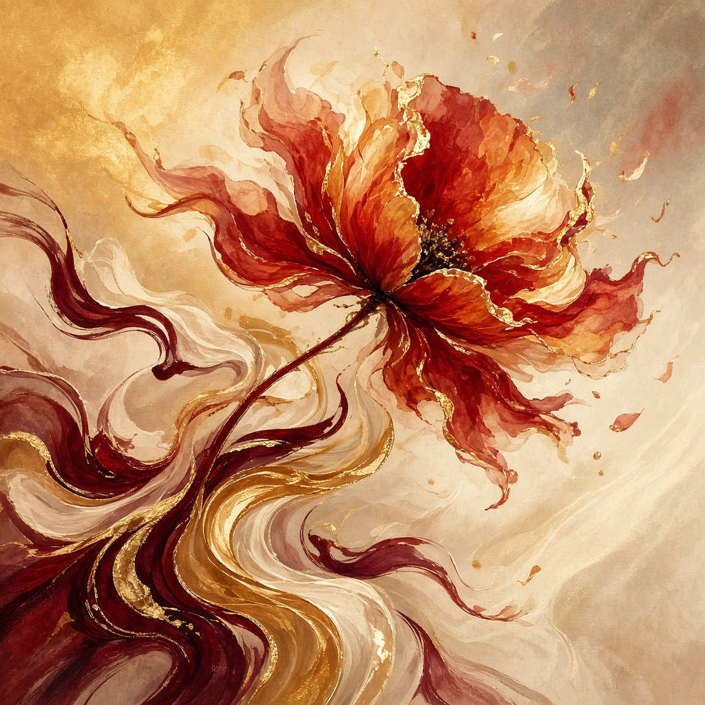 Gently sweeping forms emerge from long, subtle color transitions and soft contours. Bold ink strokes create resilient, confident edges that taper and densify in response to pressure. Raised, polished gold captures directional light in warm, metallic flashes. Luminous, rim-lit gradients blend wet-on-wet into floating patches of color, while a restrained palette of warm ochre, ivory, and deep crimson creates radiant, painterly highlights against a soft, atmospheric background. A flower in the summer wind. — Grok Imagine Image 2