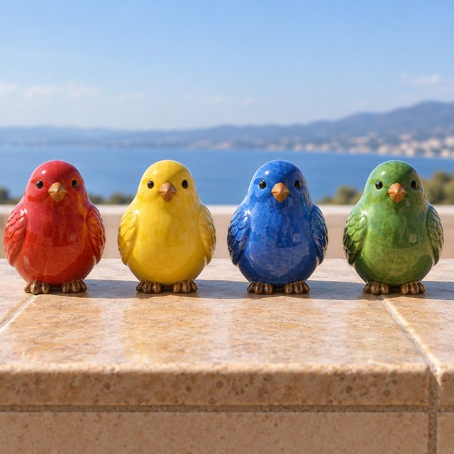 On a sunlit tiled ledge, exactly four ceramic bird figurines form a row: red at far left, yellow at left-center, blue at right-center, and green at far right; all face forward, nothing else. — GPT Image 2.5 Sunburst