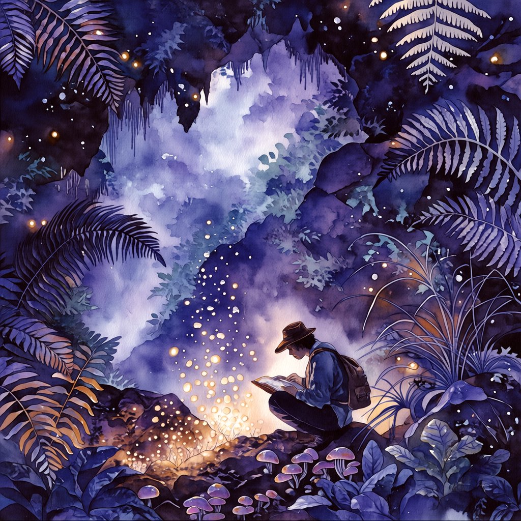 Watercolour illustration of an adult botanist studying luminous fungi in a misty cave, with fern fronds, glistening stone and drifting spores. Palette of jade, lilac, amber, and deep indigo, with translucent washes. — Midjourney Niji 7