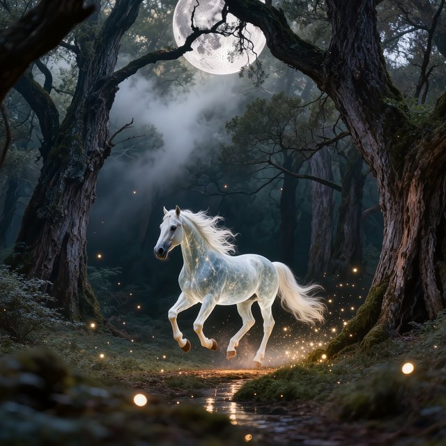 A majestic horse with a spectral mane and tail gallops through an enchanted, moonlit forest. Glimmering fireflies illuminate the path, casting an ethereal glow on ancient trees. The horse appears translucent, as if it's a phantom from another realm. The style is digital art, with surrealism and cinematic lighting to enhance the mysterious atmosphere — Kling v3