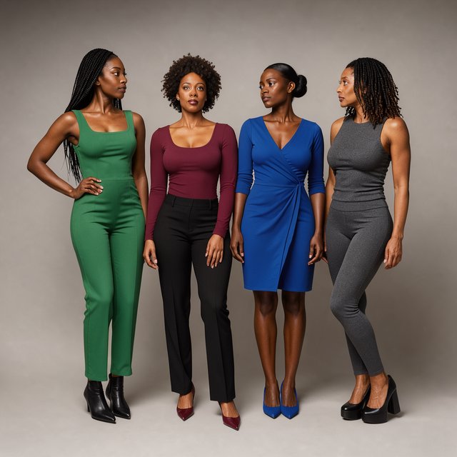 Realistic image of four women standing near each other. All are wearing fitted outfits. All are slim but still curvy Black women. Each woman has a unique, pretty face, and they all look different from one another. Full-body image. Plain background. — Model 2