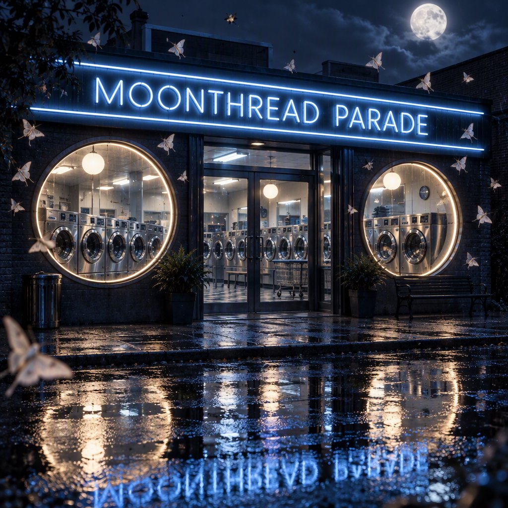 At midnight, moths circle the laundromat’s glowing round windows while chrome washing machines gleam inside; “MOONTHREAD PARADE” shines in icy blue neon above the entrance, reflected across the wet pavement, with no other lettering visible. — GPT Image 2.5 Sunburst
