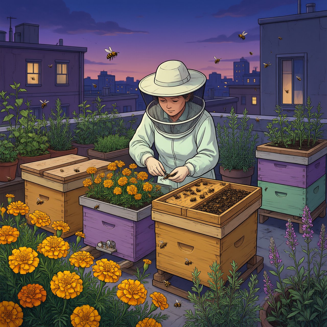 Cel-shaded anime illustration of an adult rooftop beekeeper tending lively hives among marigolds and herbs at dusk, with bees drifting past distant windows. Palette of saffron, violet, mint, and midnight blue, crisp contours and gentle gradients. — Qwen Image 3.0