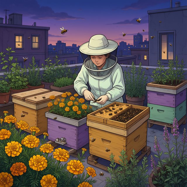 Cel-shaded anime illustration of an adult rooftop beekeeper tending lively hives among marigolds and herbs at dusk, with bees drifting past distant windows. Palette of saffron, violet, mint, and midnight blue, crisp contours and gentle gradients. — Qwen Image 3.0