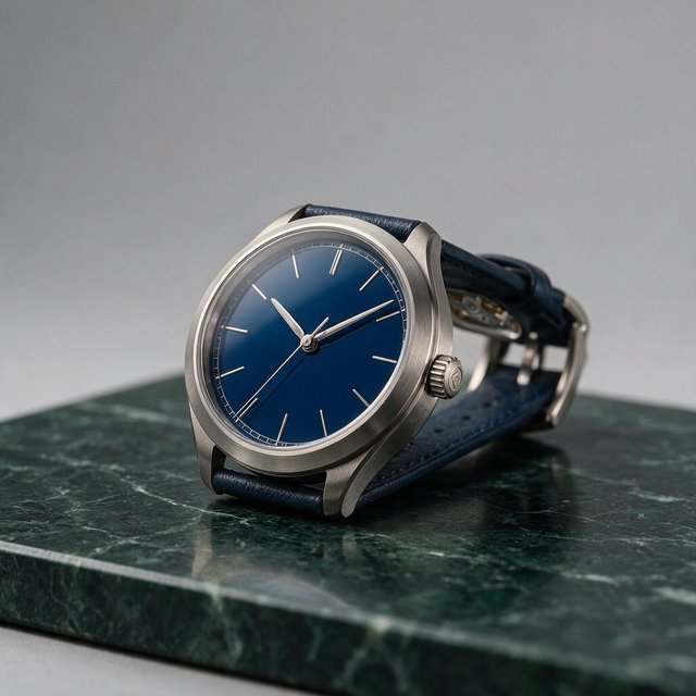 Commercial product photograph of an unbranded mechanical wristwatch with a brushed titanium case and deep blue enamel dial, resting on dark green marble against a soft gray background, illuminated by a large diffused softbox and narrow edge light. — Seedream 5.0 Pro