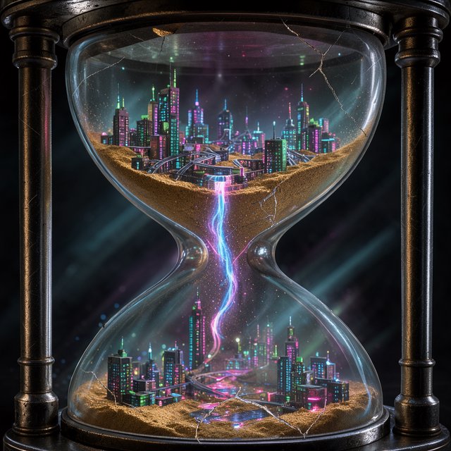 A macro close-up of a miniature glowing cyberpunk city built entirely inside a hollow cracked hourglass, tiny illuminated skyscrapers, flowing neon waterfalls, volumetric light rays piercing through sand, dark moody cinematic lighting, photorealistic depth of field — FLUX 3 Image Klein
