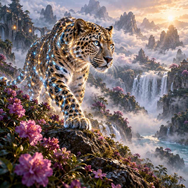 A majestic leopard, its fur detailed in intricate glowing fiber optics, emerges from a dreamlike, mist-shrouded floral mountain landscape with a waterfall in the background. The scene is bathed in ethereal light, evoking a sense of awe and wonder. — GPT Image 2.5 Sunburst