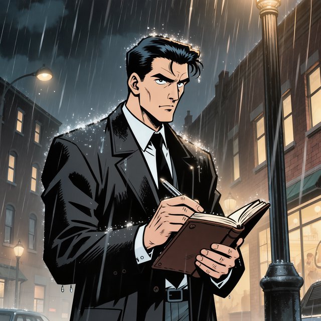 Comic panel of a detective in a trench coat under a streetlamp in the rain, bold ink, halftone shading, no speech bubbles. — Kling v3 Omni