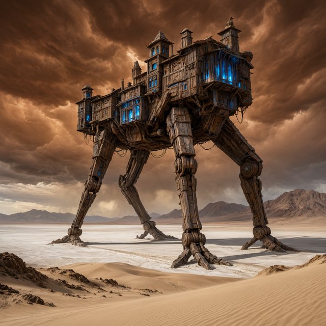 A colossal walking citadel crosses a salt desert, its ironwood legs striding through windblown dunes beneath a copper storm. Blue furnace light leaks from carved windows, casting a long shadow toward distant mountains. — Qwen Image 3.0 Pro