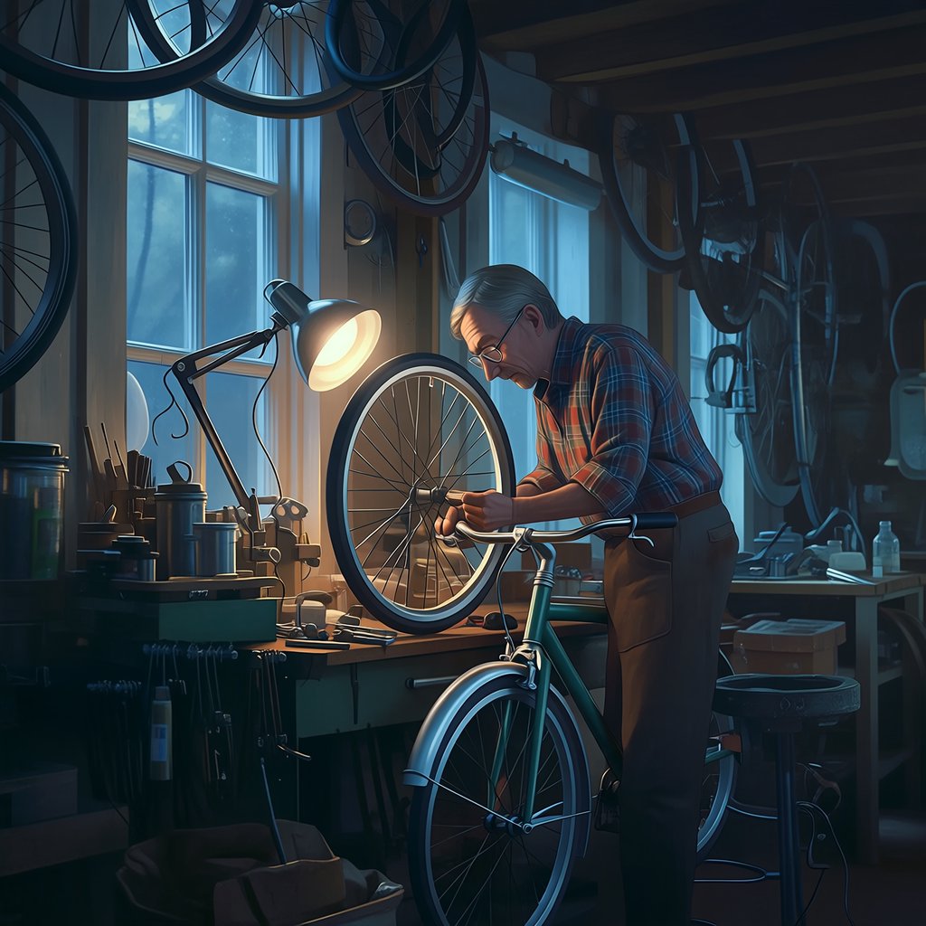 Candid documentary photograph of an adult bicycle mechanic tightening a wheel in a modest repair shop, cool window light mixing with a warm work lamp, 35mm lens with moderate depth of field, fine metal filings caught on the workbench. — Midjourney Niji 7