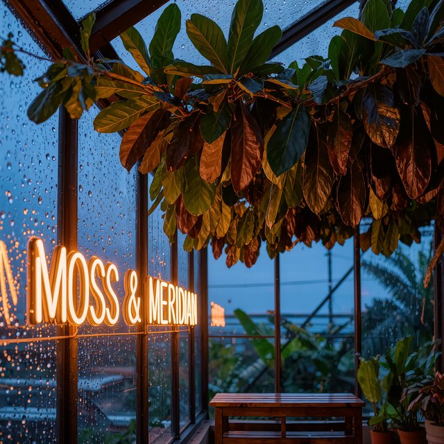 Inside a rooftop greenhouse at blue hour, tropical leaves crowd iron beams above a quiet potting bench; "MOSS & MERIDIAN" glows in warm amber neon along the glass entrance, with rain beads catching the light. — Kling v3