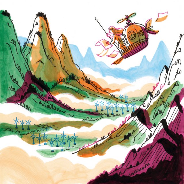 Ink-and-gouache illustration of an adult cartographer steering a small airship above a cloud-filled mountain valley, maps fluttering from the cabin and wind turbines turning below. Palette of emerald, ochre, plum, and cream, with lively linework and atmospheric washes. — Krea 2 Medium