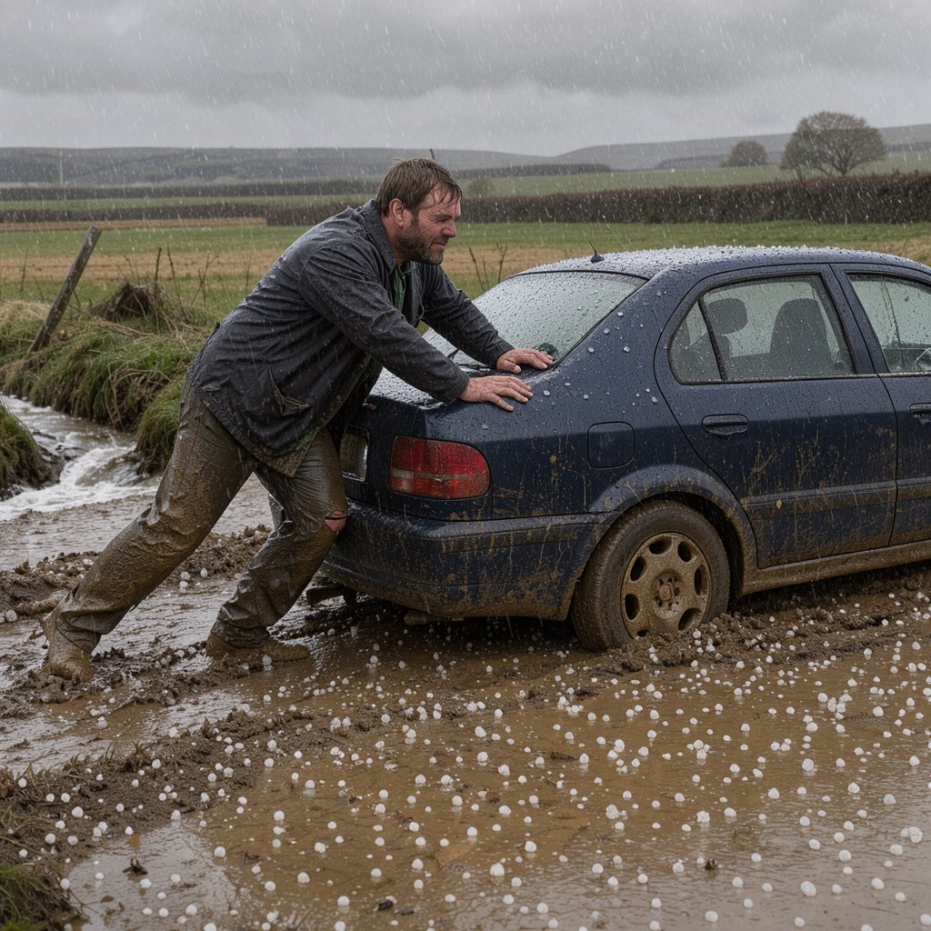 A man is pushing his car, which is stuck in the mud, amid heavy rain in the countryside. The sky is gloomy, and some hail is also falling on the car and the ground. The big man has mud all over his trousers. Show him struggling. — FLUX 3 Image Klein
