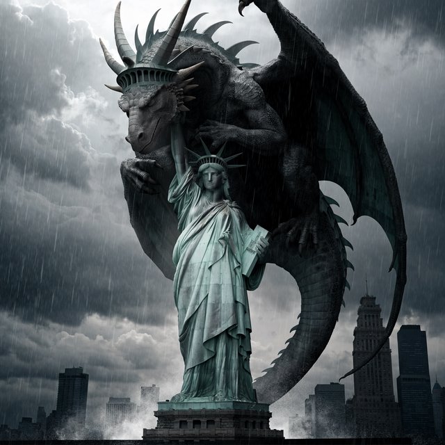 A dragon sleeping on the Statue of Liberty on a moody, overcast day. — Recraft v4 Pro