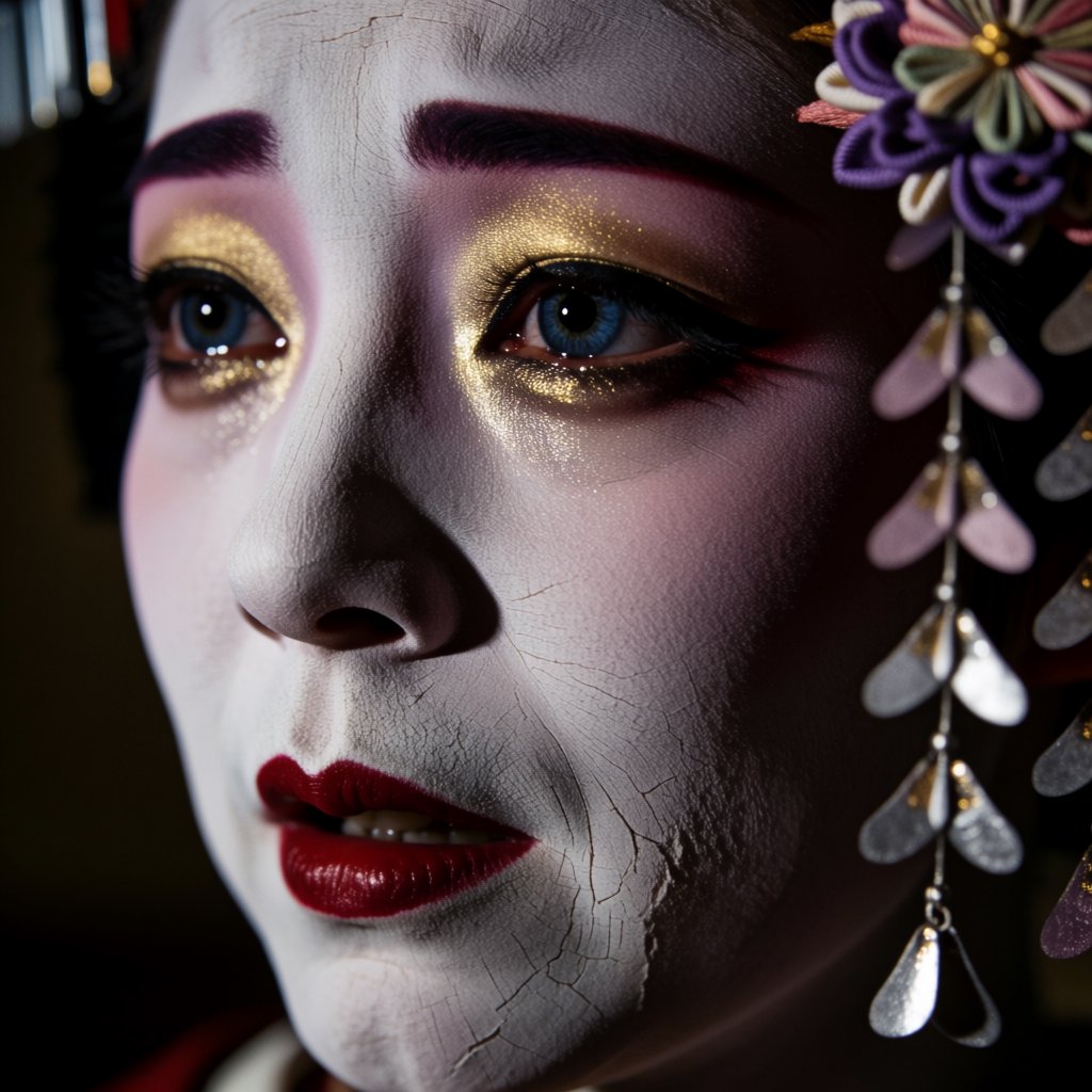 Extreme close-up macro photography of a Geisha's face. The focus is on her eyes, revealing intense emotion and hyper-realistic detail. Her skin is covered in traditional white 'Oshiroi' makeup, showing subtle, realistic cracking and skin texture. Dramatic Chiaroscuro lighting with deep shadows and a single soft light source highlighting the shimmer in her golden eyeshadow and the wetness of her eyes. Ornate kanzashi (hair ornaments) visible in the blurred periphery with intricate silk flowers and dangling silver petals. Cinematic composition, shot on 100mm macro lens, incredibly detailed eyelashes and iris patterns. — Krea 2 Medium