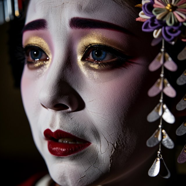 Extreme close-up macro photography of a Geisha's face. The focus is on her eyes, revealing intense emotion and hyper-realistic detail. Her skin is covered in traditional white 'Oshiroi' makeup, showing subtle, realistic cracking and skin texture. Dramatic Chiaroscuro lighting with deep shadows and a single soft light source highlighting the shimmer in her golden eyeshadow and the wetness of her eyes. Ornate kanzashi (hair ornaments) visible in the blurred periphery with intricate silk flowers and dangling silver petals. Cinematic composition, shot on 100mm macro lens, incredibly detailed eyelashes and iris patterns. — Model 12