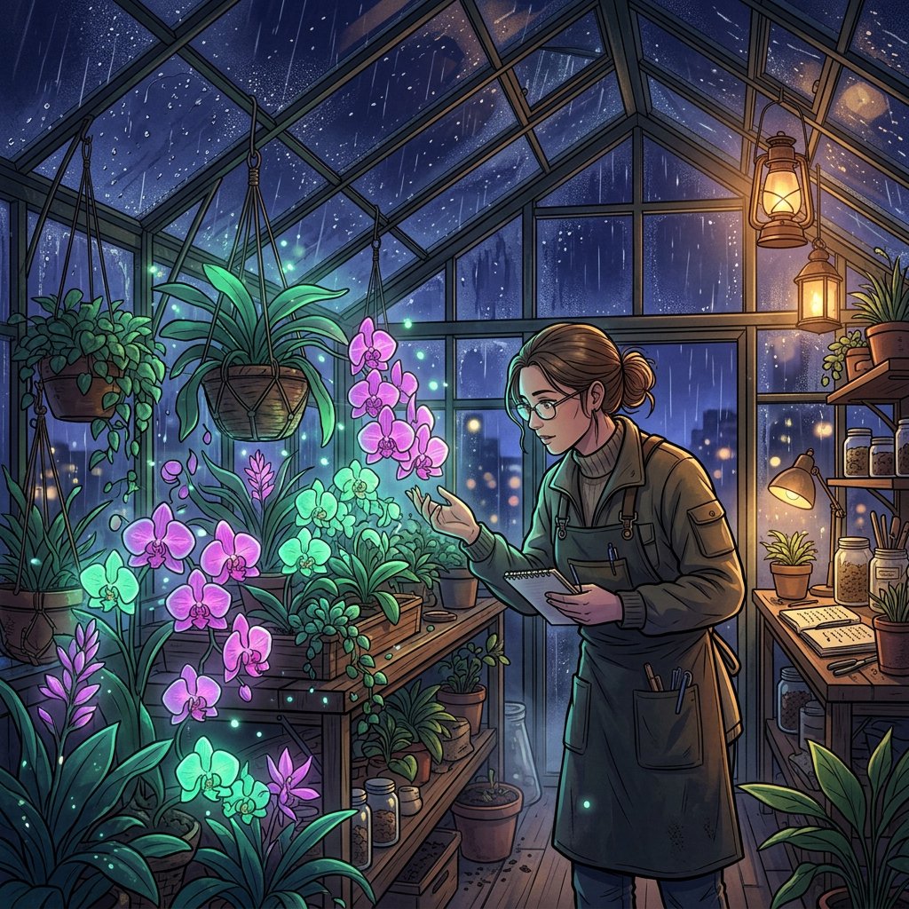 Rain beads on a rooftop greenhouse as an adult botanist studies luminous night-blooming orchids beneath glass panes; cel-shaded anime illustration in digital paint, palette of jade, magenta, indigo, and warm amber. — Nano Banana 2.1