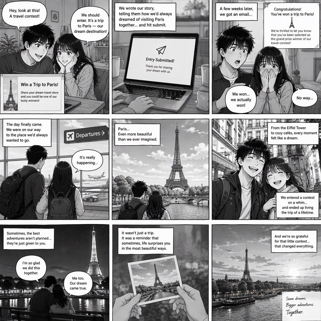 A realistic manga about a couple who entered a contest and ended up winning a trip to a place they always wanted to go. — GPT Image 2.5 Flare