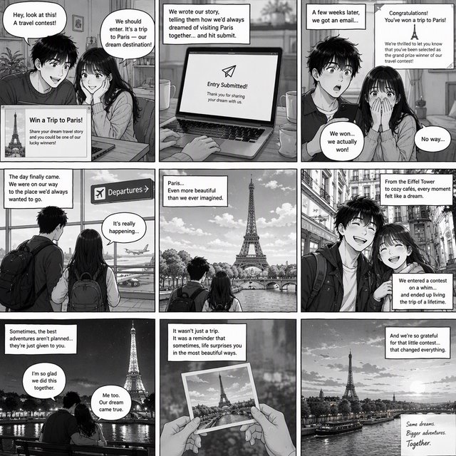 A realistic manga about a couple who entered a contest and ended up winning a trip to a place they always wanted to go. — GPT Image 2.5 Flare
